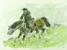 SIR KYFFIN WILLIAMS RA watercolour and pencil - farmer and Welsh Cob, signed with initials and