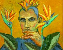 ROWENA WYN oil on board - figure and floral study of a man, signed, entitled verso ‘Bird of