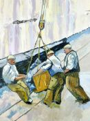 OWEN MEILIR oils on canvas, unframed, a triptych - scenes of North Wales quarrymen at work, each