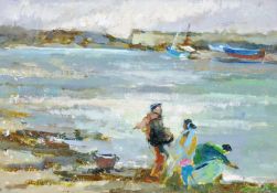 JANE CORSELLIS oil on board - coastal harbour scene with figures on the shoreline, signed and with