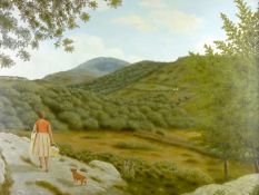 THOMAS DEMPSTER-JONES (born Harlech 1914) oil on canvas - figure with shopping basket and dog on a