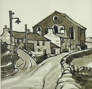 SIR KYFFIN WILLIAMS RA watercolour - village scene with chapel ‘Bryn Refail’, signed with
