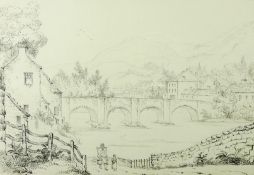 JOHN CLAUDE NATTES pencil, pen and ink - Llangollen Bridge circa 1832 with figures on a path in