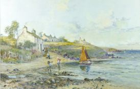 JOSEPH HUGHES CLAYTON watercolour - Anglesey coastal cottages with boats and figures by the shore,