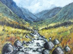 GWYN OWEN acrylic on board - rushing stream, Llanberis Pass, signed, 21.5 x 17.5 ins (55 x 45 cms)