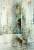 WILLIAM SELWYN watercolour - King’s Gate, Caernarfon Castle flanked by Welsh Dragon banners, signed,