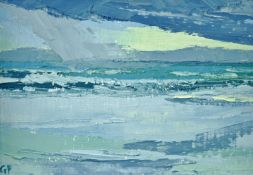 GWILYM PRICHARD oil on canvas - rain over Caldy, signed with initials, 5.5 x 8.75 ins (14 x 22 cms)