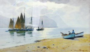 WARREN WILLIAMS coloured limited edition (447/500) print - steam and sail Conwy Estuary looking