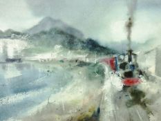 WILLIAM SELWYN watercolour - Ffestiniog Railway scene, ‘Crossing the Cob at Porthmadog’, with