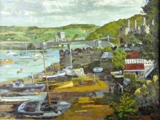 ROWENA WYN oil on board - Conwy Town Walls by the Quay with boats and Bridge and Castle in the