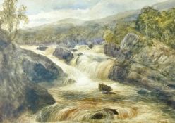 Attributed to W W GILL watercolour - waterfall scene entitled to mount ‘In the Lledr Valley, North