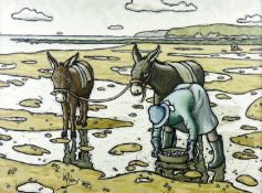 ALAN (E A) WILLIAMS oil on board - lady cockle gatherer and her two donkeys on the beach, signed,