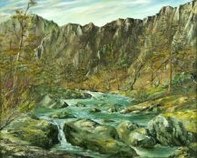 GWYNETH TOMOS oil on canvas - stream running down from mountainside in Winter, entitled verso ‘