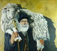 CARL F HODGSON oil on canvas, unframed - northern hill farmer ‘Old Ike’ with shepherd’s crook and