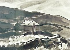 SIR KYFFIN WILLIAMS RA watercolour - Welsh hillside farmstead, signed with initials and with