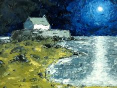 WYN HUGHES oil on board - St Cwyfan’s Church moonlit, signed, 9.25 x 11.25 ins (23 x 28.5 cms)