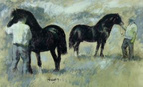 ANEURIN JONES mixed media - two standing Welsh cobs with their handlers, signed, 12.5 x 21.25 ins (