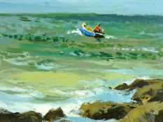 DONALD McINTYRE acrylic - rocky coastalscape with man in boat, signed with initials, 11.25 x 15.5