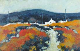 WILF ROBERTS oil on board - Welsh hillside cottages, signed and dated 2006, 14.5 x 22 ins (37 x 56