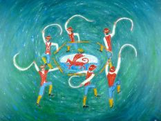 GWYNNE ROBINS oil on canvas - folk dancers performing on the North Walk, Tenby, signed, 31.25 x 39.5
