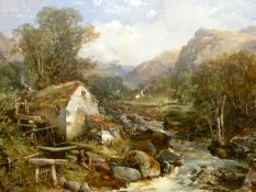 CHARLES BRANWHITE oil on canvas - expansive river mill scene in mountains with fishermen seated on