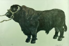 SIR KYFFIN WILLIAMS RA artist’s proof coloured print - Welsh Black Bull, signed in full, 16 x 24 ins