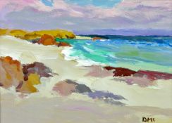 DONALD McINTYRE acrylic - rocky Scottish coastalscape, signed with initials and entitled label verso