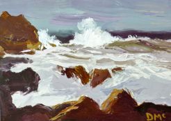 DONALD McINTYRE oil - stormy coastal scene, signed with initials and entitled on original label