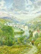 EDITH BULLOCK expansive watercolour - bridge and river in the Vale of Llangollen with figures on a