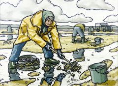 ALAN (E A) WILLIAMS oil on canvas - cockle gatherers at Pen Clawdd, signed, 17.25 x 22.5 ins (44 x