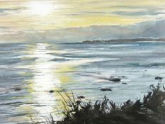 ALED PRICHARD JONES mixed media - sunset over Criccieth, initialled and signed in full label verso