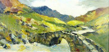 CHARLES WYATT WARREN oil on board - bridge near Snowdon, signed and entitled verso with original