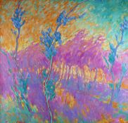 GWYN WILLIAMS oil on canvas - colourful treescape, signed, 35.5 x 35.5 ins (90 x 90 cms)