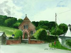 GEORGE J DROUGHT RCA watercolour and ink - rural roadside scene with chapel, signed and entitled