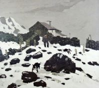 SIR KYFFIN WILLIAMS RA coloured print - farmer with two dogs by a smallholding in snow, printed