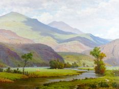 FREDERICK WILLIAM MEYER oil on canvas - cattle and sheep in a river valley meadow, near