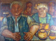 KAREL LEK early oil on board - husband and wife at a kitchen table, signed with original title label