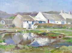 JOYCE HADDON oil on board - farmstead with duckpond and ducks, signed and with title label verso ‘