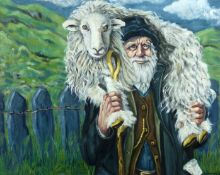 CARL F HODGSON oil on canvas, unframed - shepherd carrying a sheep on his back with crook in hand by