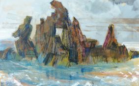 RAY HOWARD JONES mixed media - coastal scene, signed with initials and entitled ‘The Christ of