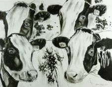 GWYN OWEN charcoal - study of four Friesian cows entitled ‘Four Ladies’, signed and dated 2012, 19 x