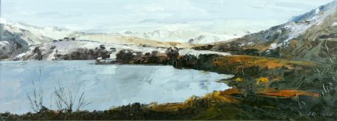 DAVID GROSVENOR oil on canvas - Snowdon from Llyn Mymbyr, signed, 11.5 x 31 ins (29 x 79 cms)