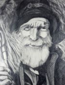 CARL F HODGSON charcoal/crayon - portrait of a smiling northern shepherd ‘Old Ike’ (Isaac