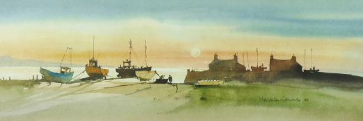MALCOLM EDWARDS watercolour - coastal cottages with beached boats and figures, signed and dated