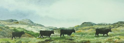 GEOFF BUTTERWORTH watercolour - heathland scene near Capel Curig with four Welsh Black Cattle,