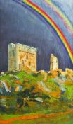 LESLIE JONES oil on slate - rainbow over Dolwyddelan Castle, signed and entitled label verso, 15.