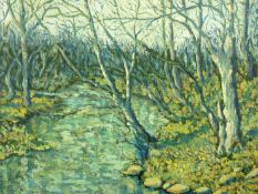 CHARLES WYATT WARREN early oil on board - stream and silver birches, signed and with original