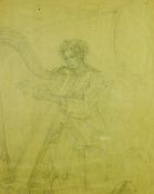 MILDRED ELSIE ELDRIDGE pencil drawing - lady harpist at play, signed and dated 1942, 12.5 x 10