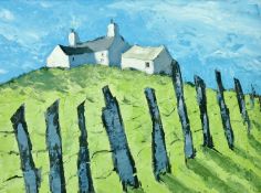 WYN HUGHES oil on board - hillside Welsh farmstead with slate fence, signed, 7.5 x 9.25 ins (19 x 23