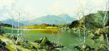 CHARLES WYATT WARREN oil on board - Snowdonia lake scene with silver birches, signed, 9 x 21 ins (23
